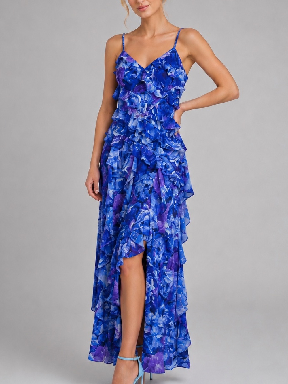 🆕🦋Eliza J Blue Floral Ruffle High Low Maxi Dress Size 12 Wedding Guest Prom Gala